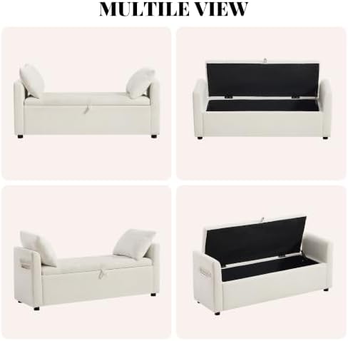 51" End of Bed Storage Bench, Upholstered Chenille Storage Ottoman for Bedroom, Living Room, Entryway, with Arms and 2 Pillows(White)