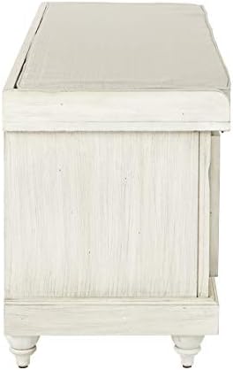 OSP Home Furnishings Dover Coastal Lift-Top Storage Bench with Shutter Face Styling, White Wash Finish with Off-White Fabric Cushion