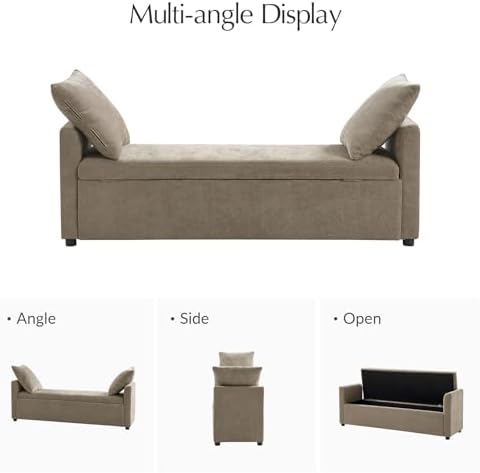 59.5" Modern Storage Ottoman Bedroom Bench, End of Bed Bench with Arms and Throw Pillows, Footrest Stool for Living Room, Dining Room, Entryway and Hallway, Brown