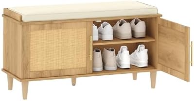 Akxomel 39.4" Rattan Shoe Storage Bench 2 Doors Wooden Entryway Bench Oak
