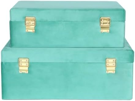 HofferRuffer Velvet Storage Trunks with Wood Frame, Set of 2 Storage Chests with Handles, Bedroom Organizer Nesting Upholstered Decorative Boxes Hinged Lid with Gold Hardware Accents (Green Trunks)
