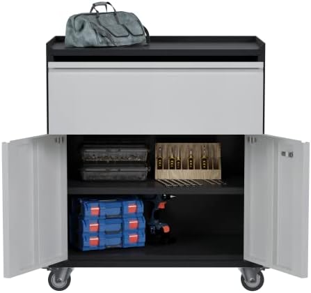 Metal Garage Tool Storage Cabinet with 1 Drawer, Large Space Industrial Metal Storage Cabinet with Wheels and Doors,Locking Small Utility Chest for Home, Office and Garage