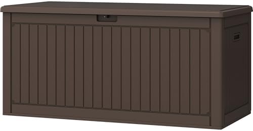 DWVO 320 Gallon Resin Outdoor Storage Box, XXL Double-Wall Waterproof Deck Box with Divider, Doubles as Table or Seating with 1000 lbs Capacity, Lockable (Brown)