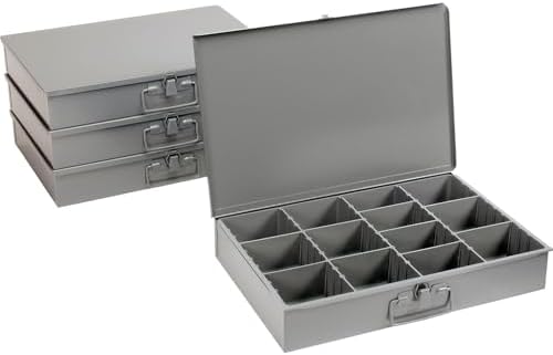 Global Industrial Durham Steel Compartment Box Rack with Four Adjustable Divider Compartment Boxes, 18" L x 12" W x 3" H Boxes, 20" L x 15-3/4"W x 15" H Overall