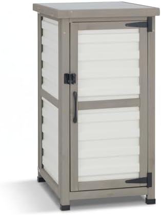 Small Outdoor Storage Cabinet with Waterproof Metal Top, White Wood & Plastic Potting Bench Table with Removable Shelf, Outside Cabinets Work Station for Patio, Balcony,17.9''x17.9''x33.5''