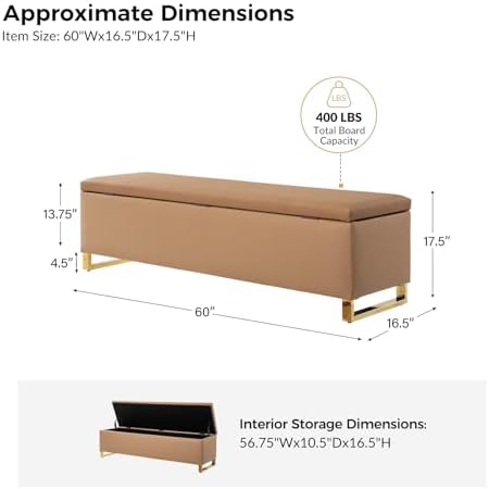 60" Leather Storage Bench with Throw Ottomans, Large Modern Flip Top End of Bed Benches King Size, Upholstered Footrest Stool with Gold Legs for Living, Bedroom, Entryway and Hallway, Camel