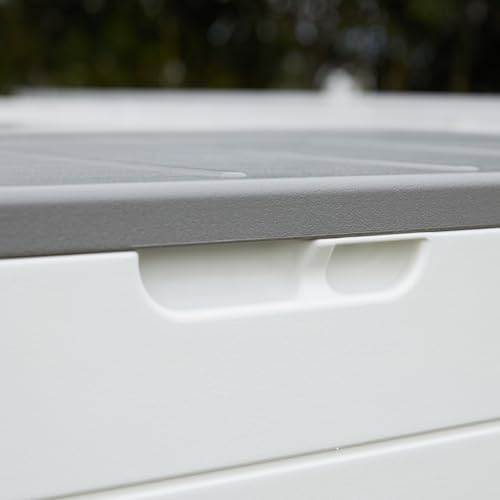 Mrosaa 110 Gallon Deck Box Waterproof,Double-Wall Resin Outdoor Storage Boxes, Deck Storage for boat slip storage,Cushions, Pool Float, Garden Tools,Patio Furniture, Lockable (OFF-WHITE)