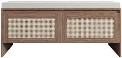 SOFTSEA 39.4" Shoe Storage Bench with Rattan Doors & Cushion, Natural