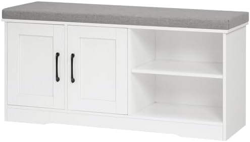 MAHANCRIS Storage Bench, 39.4" Wide Shoe Bench with Padded Seat Cushion, Entryway Bench with 2 Doors and Adjustable Shelf, End of Bed Bench, for Hallway, Bedroom, White and Gray BSWT1201