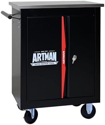 Double-Door Heavy-Duty Rolling Steel Tool Cart with Handle&Wheels, Metal Storage Organizer Cabinet, Tool Chest for Efficient Tool Storage in Garage, Warehouse, Workshop, Repair Shop, Black&RED