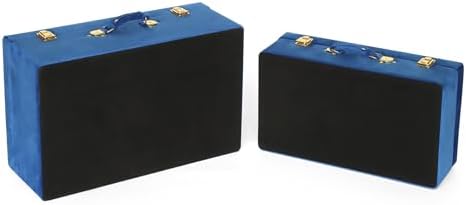 HofferRuffer Velvet Storage Trunks with Wood Frame, Set of 2 Storage Chests with Handles, Bedroom Organizer Nesting Upholstered Decorative Boxes Hinged Lid with Gold Hardware Accents (Blue Trunks)