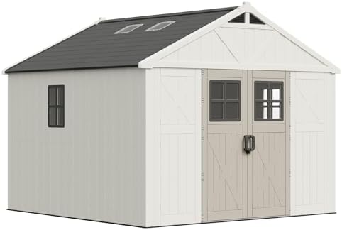 Greesum 10x10FT Resin Outdoor Storage Shed with Floor, Plastic Sheds, Beige