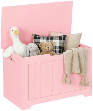 SUPER DEAL Storage Chest, 30 inches Chest Box Organizer with 2 Safety Hinges, Wooden Entryway Storage Bench, Pink