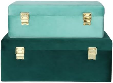 HofferRuffer Velvet Storage Trunks with Wood Frame, Set of 2 Storage Chests with Handles, Bedroom Organizer Nesting Upholstered Decorative Boxes Hinged Lid with Gold Hardware Accents (Green Velvet)