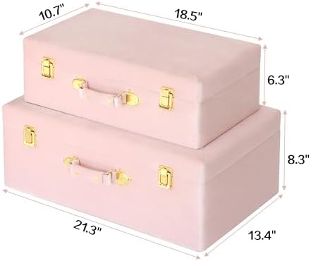 HofferRuffer Velvet Storage Trunks with Wood Frame, Set of 2 Storage Chests with Handles, Bedroom Organizer Nesting Upholstered Decorative Boxes Hinged Lid with Gold Hardware Accents (Pink Trunks)