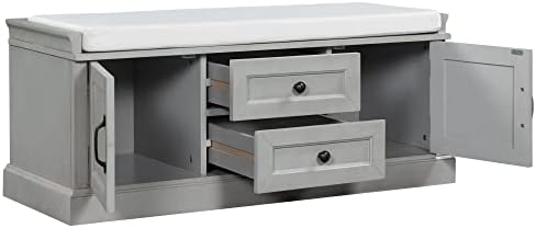 Knocbel 42.5" Storage Bench with Removable Cushion, 2 Drawers and 2 Cabinets, Entryway Hallway Foyer Shoe Bench Bedroom End of Bed Bench (Gray Wash)