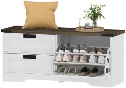 FATORRI Shoe Storage Bench with Flip Drawer, Wooden Entryway Bench, Modern Shoe Cabinet with Removable Drawers for Hallway, Living Room (Walnut Brown & White Oak)