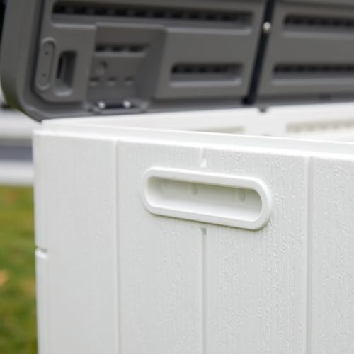 Mrosaa 110 Gallon Deck Box Waterproof,Double-Wall Resin Outdoor Storage Boxes, Deck Storage for boat slip storage,Cushions, Pool Float, Garden Tools,Patio Furniture, Lockable (OFF-WHITE)