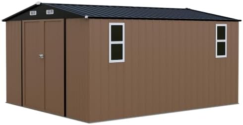 LAUSAINT HOME 10 x 12 FT Outdoor Storage Shed with Windows, Heavy Duty Galvanized Steel Storage Shed with Double Lockable Doors, Gable Roof & Air Vent for Backyard & Patio, Brown
