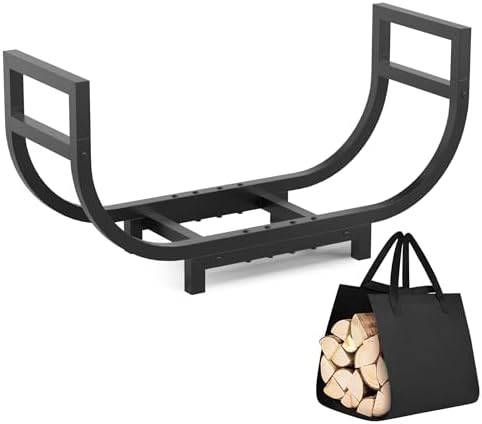 34-inch Firewood Rack Outdoor Indoor with Log Carrier Bag, Stable Log Holder Rustproof Metal Wood Rack for Fireplace Patio Deck Firepit, Heavy Duty Firewood Storage Organizer Tool, Black