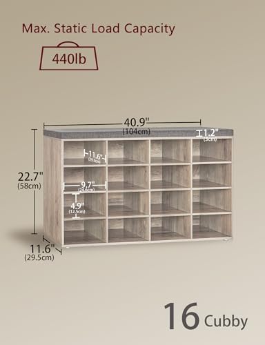 DINZI LVJ Shoe Storage Bench with Cushion, 16-Cubby Shoe Rack with Seat