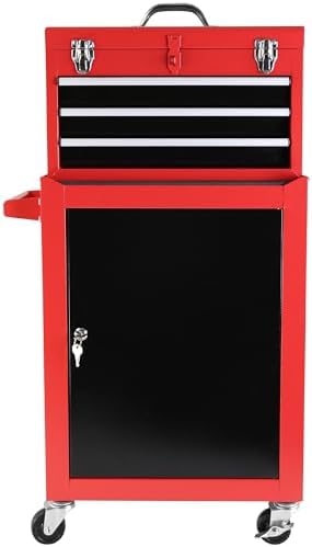 Henf 3-Drawer Rolling Tool Storage Cabinet with Detachable Top Tool Box, Liner, Adjustable Shelf, Wheels - Mobile Steel Organizer for Garage, Warehouse, Workshop, Repair Shop