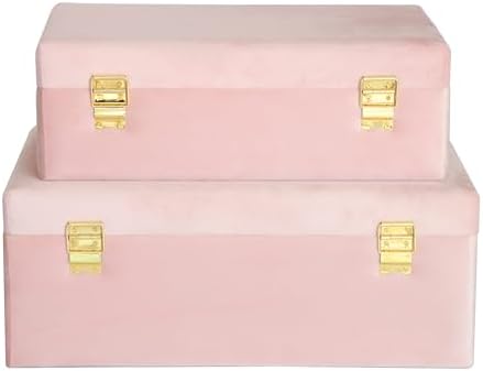 HofferRuffer Velvet Storage Trunks with Wood Frame, Set of 2 Storage Chests with Handles, Bedroom Organizer Nesting Upholstered Decorative Boxes Hinged Lid with Gold Hardware Accents (Pink Trunks)