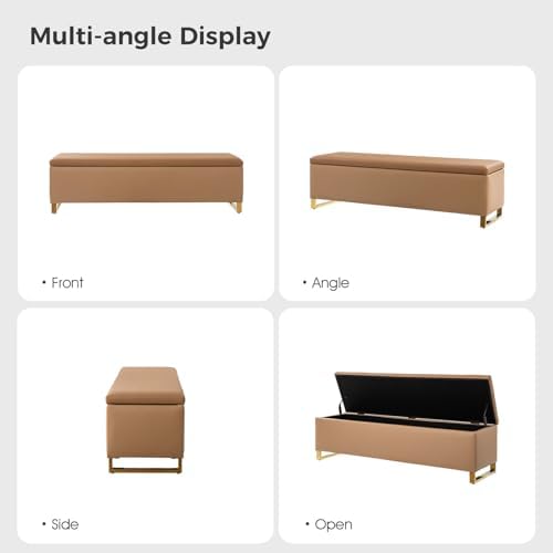 60" Leather Storage Bench with Throw Ottomans, Large Modern Flip Top End of Bed Benches King Size, Upholstered Footrest Stool with Gold Legs for Living, Bedroom, Entryway and Hallway, Camel
