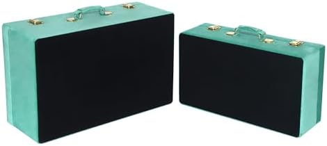 HofferRuffer Velvet Storage Trunks with Wood Frame, Set of 2 Storage Chests with Handles, Bedroom Organizer Nesting Upholstered Decorative Boxes Hinged Lid with Gold Hardware Accents (Green Trunks)