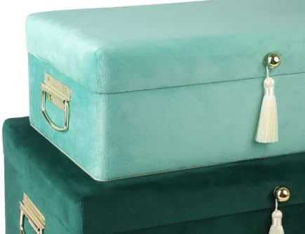 HofferRuffer Velvet Storage Trunks with Wood Frame, Set of 2 Storage Chests with Handles, Bedroom Organizer Nesting Upholstered Decorative Boxes Hinged Lid with Gold Hardware Accents (Green Velvet)