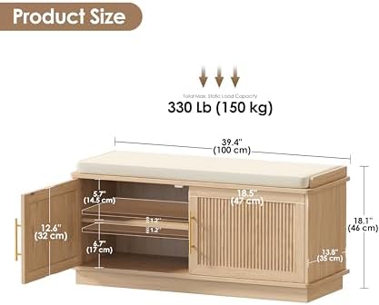 Akxomel 39.4" Fluted Shoe Storage Bench 2 Doors Wooden Entryway Bench Oak