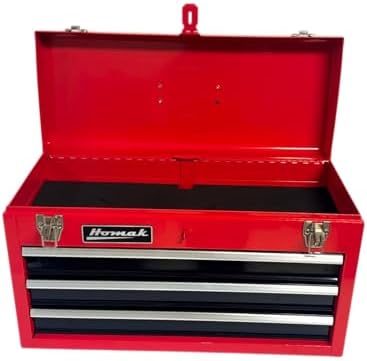 Homak Metal Tool Box, 20-inch, Portable Tool Box with 3 Drawers, Small Tool Chest with EVA Liners, Ball Bearing Slide Drawers Locking & Gloss Finish, Multi-Function Tool Organizer