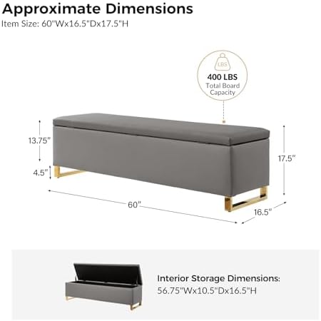 60" Leather Storage Bench with Throw Ottomans, Large Modern Flip Top End of Bed Benches King Size, Upholstered Footrest Stool with Gold Legs for Living, Bedroom, Entryway and Hallway, Grey