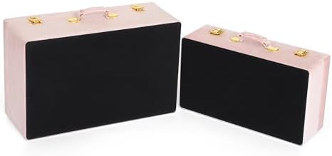 HofferRuffer Velvet Storage Trunks with Wood Frame, Set of 2 Storage Chests with Handles, Bedroom Organizer Nesting Upholstered Decorative Boxes Hinged Lid with Gold Hardware Accents (Pink Trunks)