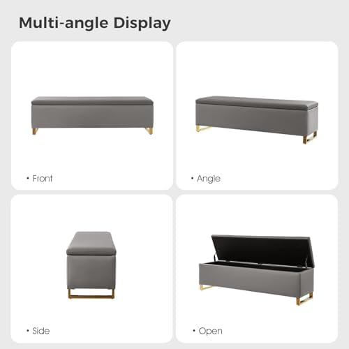 60" Leather Storage Bench with Throw Ottomans, Large Modern Flip Top End of Bed Benches King Size, Upholstered Footrest Stool with Gold Legs for Living, Bedroom, Entryway and Hallway, Grey