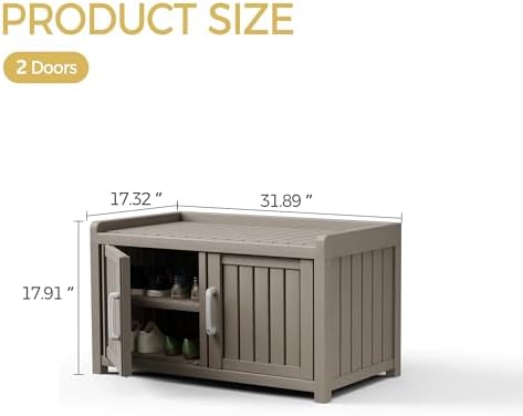 Storage Bench - 2 Doors Waterproof Resin Shoe Bench with Adjustable Shelves - Indoor & Outdoor Use, Entryway Bench with Seating for Bedroom, Living Room, Hallway - Grey