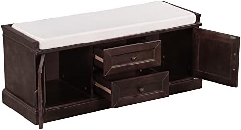 Knocbel 42.5" Storage Bench with Removable Cushion, 2 Drawers and 2 Cabinets, Entryway Hallway Foyer Shoe Bench Bedroom End of Bed Bench (Espresso)