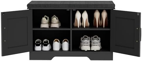 HOMSHO Farmhouse Shoe Storage Bench with 2 Barn Doors & Padded Seat Cushion