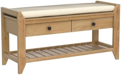 Merax Classic Wood Entryway Bench with Shoe Storge Wood Bench for Hallway Front Door Old Pine with Drawers and Seat Cushion Old Pine
