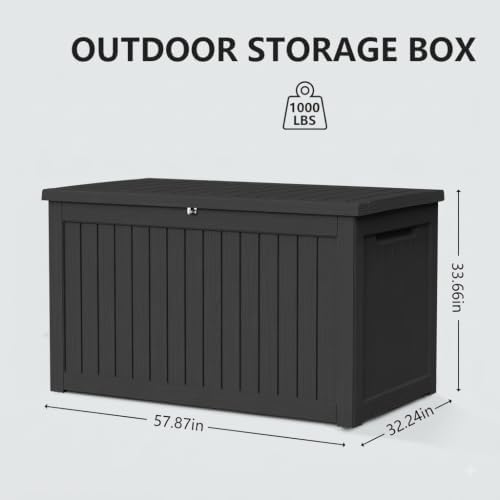 300 Gallon Outdoor Storage Box Waterproof Lockable Resin Deck Box Large, Patio Storage Bin for Pool Accessories Cushion Furniture, Garden Tools, UV-Resistant Outside Delivery Black