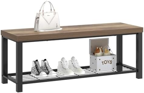FOLUBAN Entryway Bench, Industrial Wood and Metal Storage Bench with Metal Shelf, Indoor Shoe Rack Bench Seat for Living Room, Bedroom, Hallway, Entrance, Rustic Oak, 47 Inch