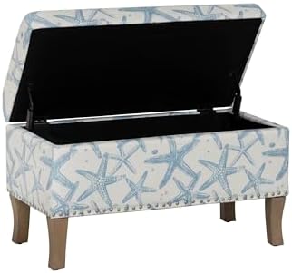 Linon Stephanie Cream and Light Blue Starfish Fully Upholstered Bench with Hidden Interior Storage