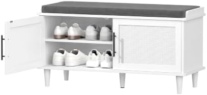 Akxomel 39.4" Rattan Shoe Storage Bench 2 Doors Wooden Entryway Bench White
