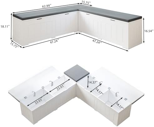 L-Shaped Corner Storage Bench Compartments & Cushioned Seat, Kitchen Breakfast Nook Bench with Hidden Storage, Wood Flip-Top Shoe Benches for Entryway Cloakroom, White & Grey