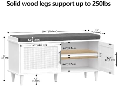 Akxomel 39.4" Rattan Shoe Storage Bench 2 Doors Wooden Entryway Bench White
