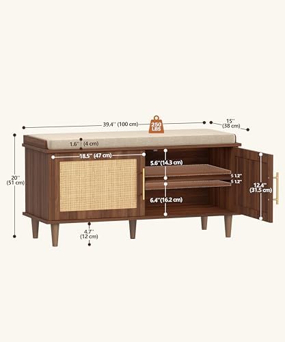 Akxomel 39.4" Rattan Shoe Storage Bench 2 Doors Entryway Bench Walnut