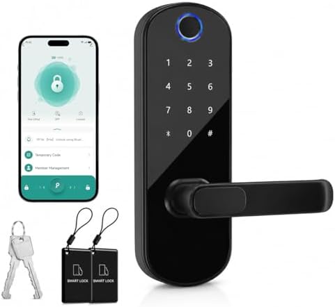 Keyless Entry Fingerprint Smart Deadbolt Lock with Handle & Keypad – App Control, Code Access, Easy DIY Install for Front Door, Home, Airbnb, Rental