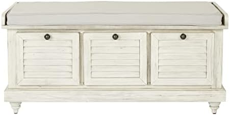 OSP Home Furnishings Dover Coastal Lift-Top Storage Bench with Shutter Face Styling, White Wash Finish with Off-White Fabric Cushion