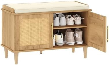Akxomel 31.5" Rattan Shoe Storage Bench 2 Doors Wooden Entryway Bench Oak