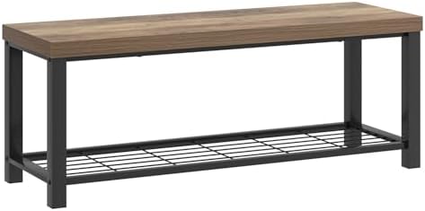 FOLUBAN Entryway Bench, Industrial Wood and Metal Storage Bench with Metal Shelf, Indoor Shoe Rack Bench Seat for Living Room, Bedroom, Hallway, Entrance, Rustic Oak, 47 Inch